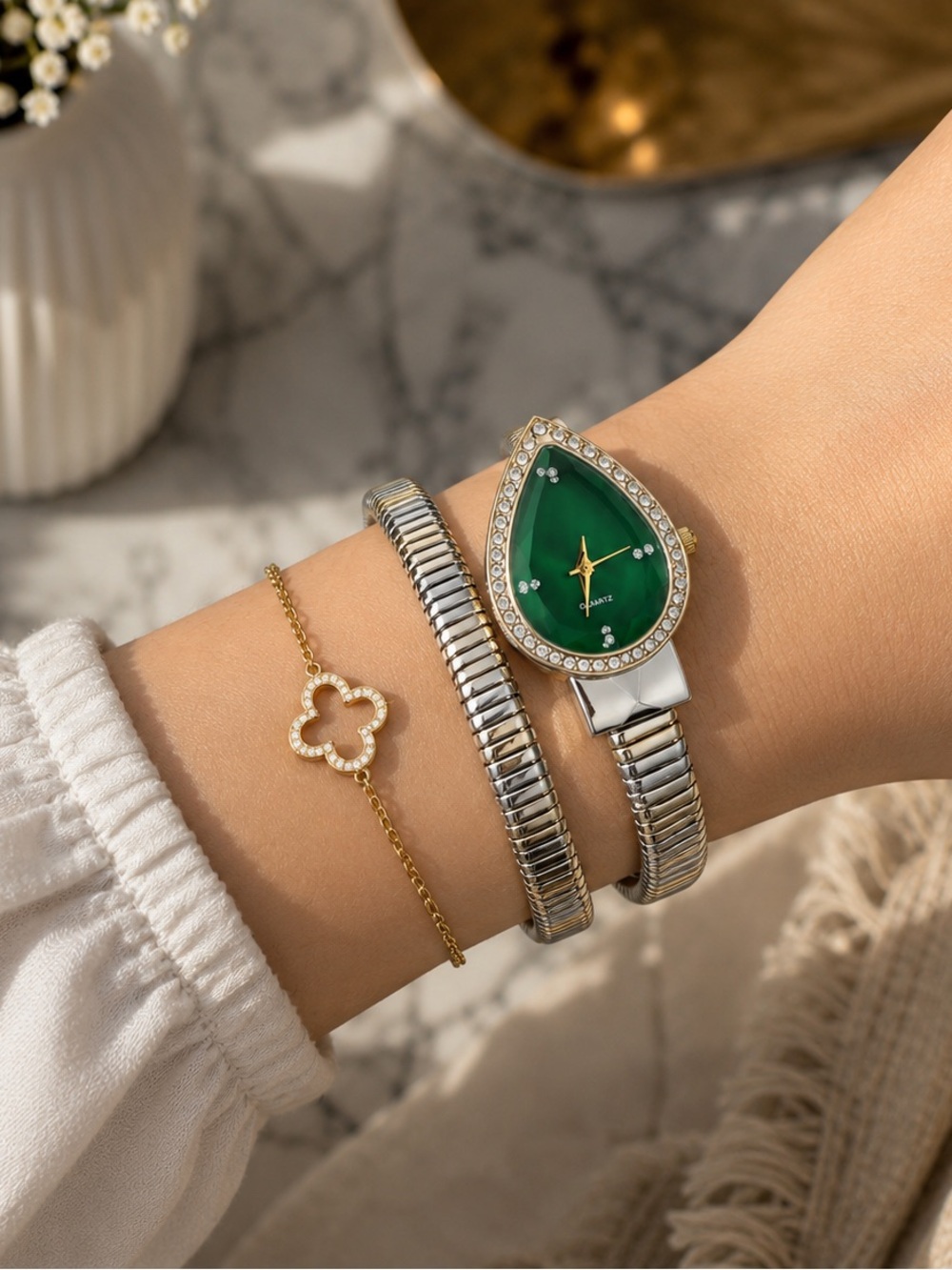 Luxury Green Crystal Snake Wrap Watch | Gold & Silver Two-Tone Bracelet Watch